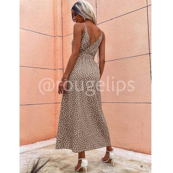 Khaki Spotted Print Long Dress V-Neck Tie Belt Cami  Leg Slit Faux Wrap - Picture 4 of 8